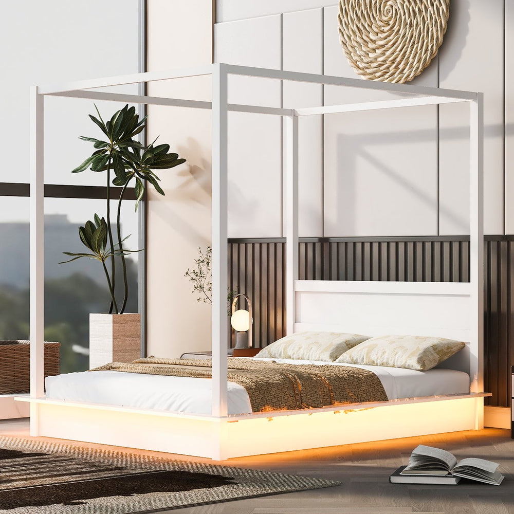English Elm Queen LED Canopy Bed Frame White – Modern Platform Queen with Support Slats, No Box Spring Needed, Stylish Curtains-Friendly Design N708P292151K