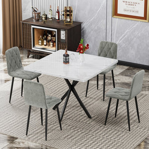 English Elm Square MDF Dining Set for 4 with Faux Marble Top, Mid-Century Modern Iron Legs, Easy-Clean Surface White+gray W578S00023
