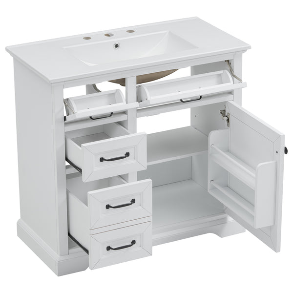 English Elm 36-Inch Modern Bathroom Vanity with Ceramic Basin, 4 Drawers & Soft-Close Door, Pre-Drilled Faucet Ready, Durable MDF and Solid Wood Construction (36"L x 18.3"W x 33.4"H) White N725P296118K