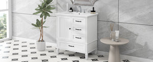 English Elm Christopher Knight Home® - 30" Bathroom Vanity with Ceramic Sink, Acacia & MDF Cabinet, Soft-Close Door & Drawers White N759P346895K