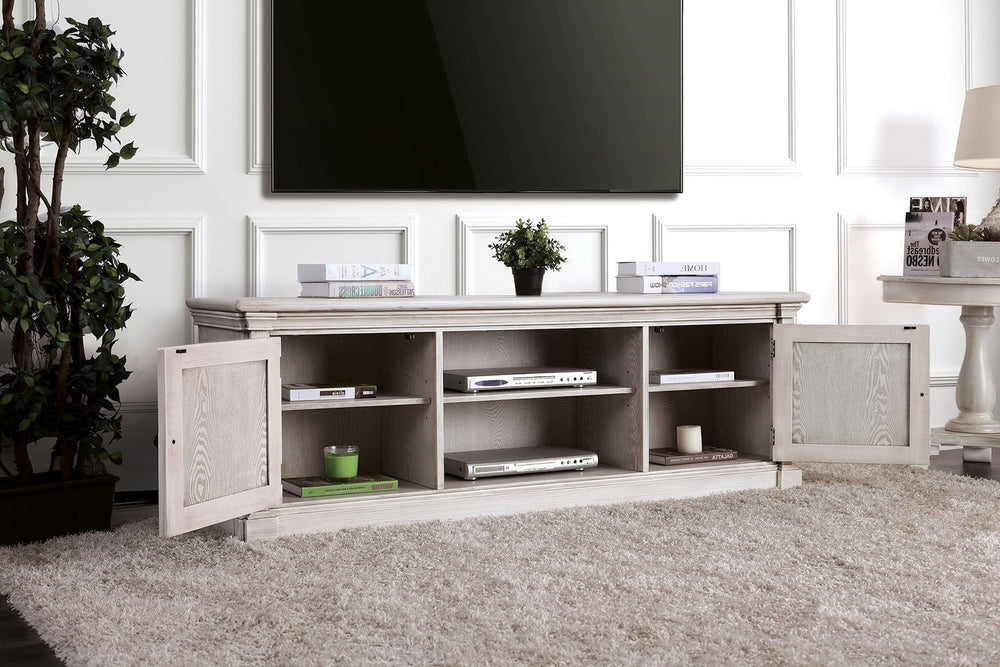 English Elm Antique Rustic Farmhouse TV Console 72"W with Sliding X-Panel Doors, Metal Accents & Open Shelves Antique White 63 L x 26 W x 10 H B2741P361967