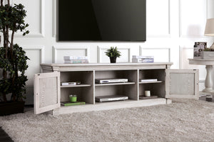 English Elm Antique Rustic Farmhouse TV Console 72"W with Sliding X-Panel Doors, Metal Accents & Open Shelves Antique White 63 L x 26 W x 10 H B2741P361967