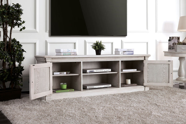 English Elm Antique Rustic Farmhouse TV Console 72"W with Sliding X-Panel Doors, Metal Accents & Open Shelves Antique White 63 L x 26 W x 10 H B2741P361967