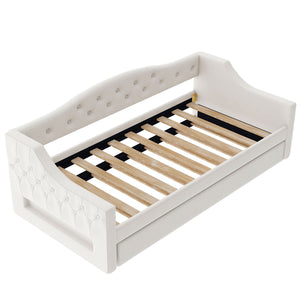 English Elm Upholstered Twin XL Daybed with Built-In LED Belt and Trundle, Linen Backrest, Modern Guest Bed Beige DL002050AAA