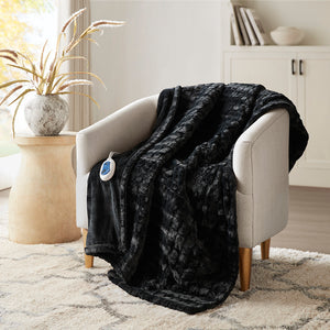 JLA Home Beautyrest - Oversized Plush Faux Fur Heated Throw with Secure Comfort, Low EMF, OEKO‑TEX, Machine Washable Black Texture BR54-4697