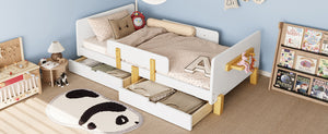 English Elm Twin Low Profile Kids Floor Bed Pine Wood Frame with Safety Rail and Built in Bookshelf Light White W1580P373241
