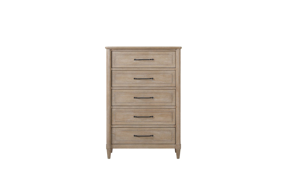 English Elm Small Breakfront Dresser with Mindi Veneer, Warm Neutral Finish, 7 Drawers, Tapered Legs, Elegant Storage Options Sand 34 L x 18 W x 50 H B2699P360161