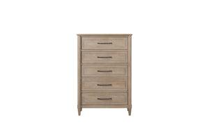 English Elm Small Breakfront Dresser with Mindi Veneer, Warm Neutral Finish, 7 Drawers, Tapered Legs, Elegant Storage Options Sand 34 L x 18 W x 50 H B2699P360161