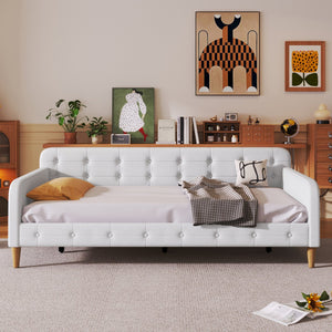 English Elm Twin Upholstered Daybed with Pine Frame and Linen Fabric, Button-Tufted High Sideboard, 79" L Beige N709P266225K