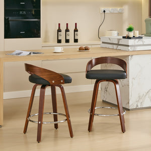 English Elm Bar Stools Set of 2 Mid-century Swivel Walnut Wood Frame with Cushioned Seat Black Pu W1143P173431