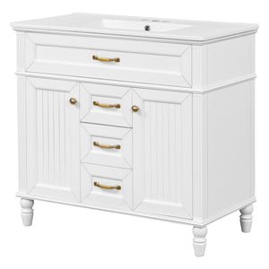English Elm 36 Inch Bathroom Vanity with Ceramic Sink, Durable MDF & Solid Wood Frame, Soft-Close Doors, Luxe Handles, Ample Organized Storage, Modern Freestanding Design White N725P314034K