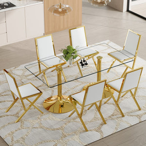 English Elm Table Set Oval Tempered Glass Top Gold Column Base with Eight Pu Leather Dining Chairs Transparent,White+Gold W1151S04774