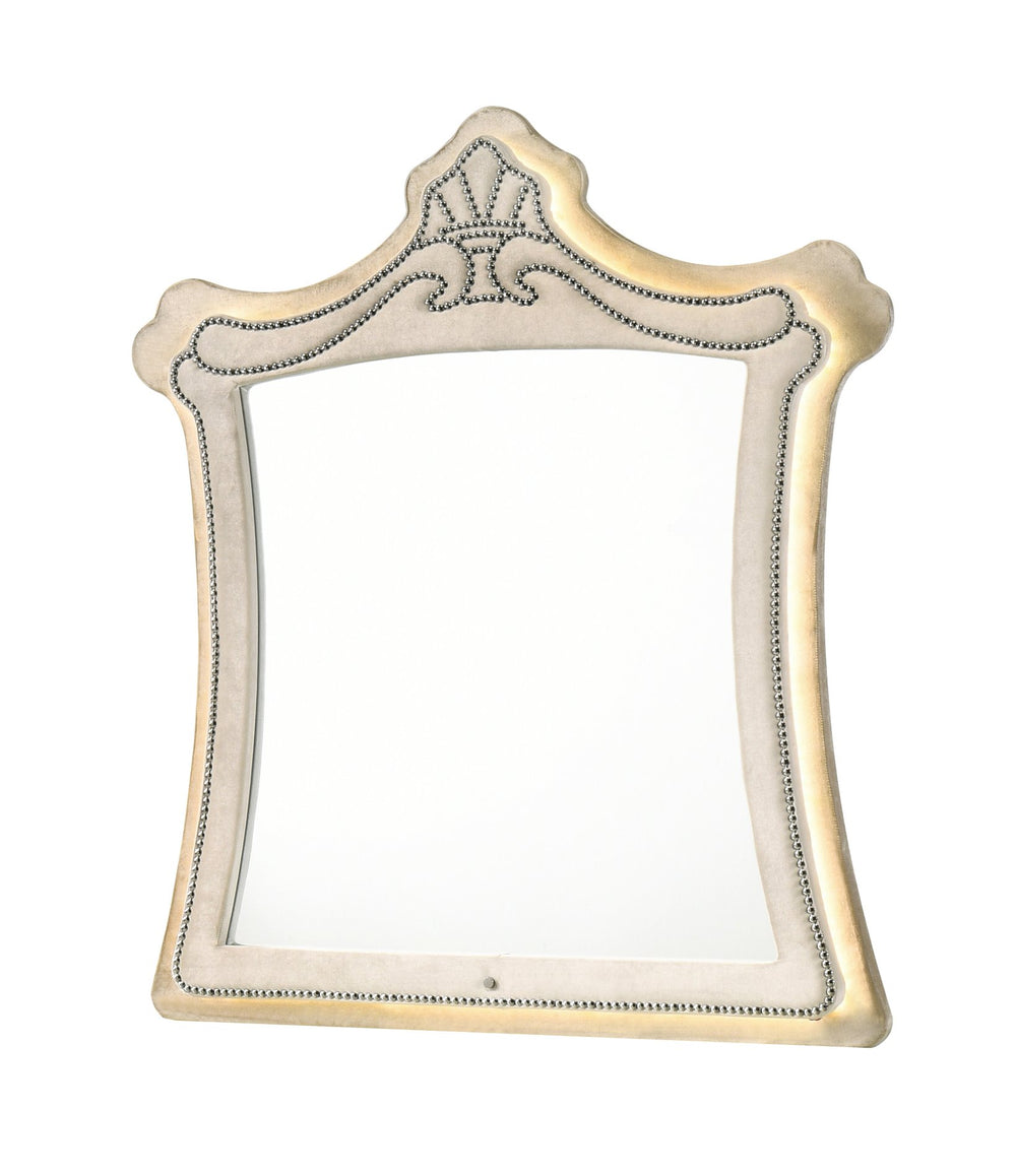 English Elm Lucienne Beige Velvet Mirror with LED Lighting, Contemporary 30"x32" Inner Mirror, Luxe Upholstery B2726P353928