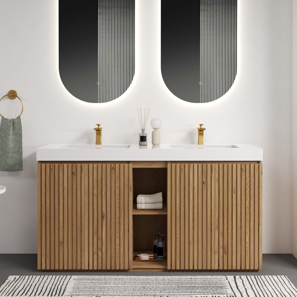 English Elm Emilia 60 Inch Freestanding Oak Vanity with Ceramic Sink and Soft Close Drawers Light Oak W1865S00242