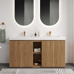 English Elm Emilia 60 Inch Freestanding Oak Vanity with Ceramic Sink and Soft Close Drawers Light Oak W1865S00242