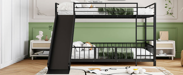 English Elm Full Full over Full Metal Bunk Bed with Slide, Interchangeable Stairs, Gate & Safety Guardrails for Kids Black SF000170AAB