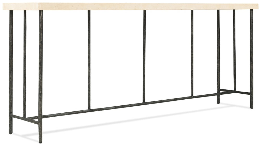 Hooker Furniture Driftwood Narrow Console Table With Textured Metal Base And Sleek Stone Top — Industrial Chic Entryway 6820-85002-00