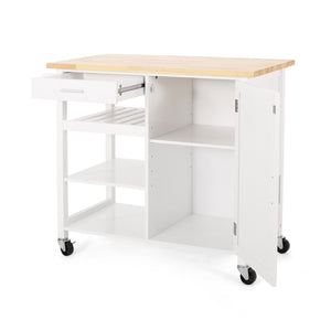 English Elm Christopher Knight Home® - Kitchen Island Cart with Solid Rubberwood Top, 41.75" Mobile Island with Drawer, Cabinet, Shelves & Wheels White 67756.00NATWHT