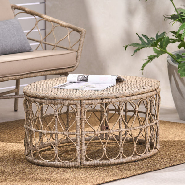English Elm Christopher Knight Home® - BRUCE Wicker Rattan Coffee Table with Boho Weave Top, Durable Polyethylene Construction, 32.5"W Brown 70417.00LBRN
