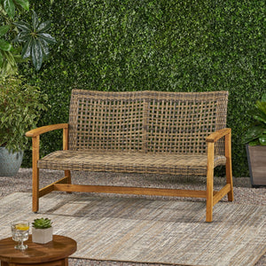 English Elm Christopher Knight Home® - HAMPTON Acacia Wood & Wicker Loveseat Natural Grey with Iron Frame, Weather-Resistant, Sturdy Design 60396.00WTC