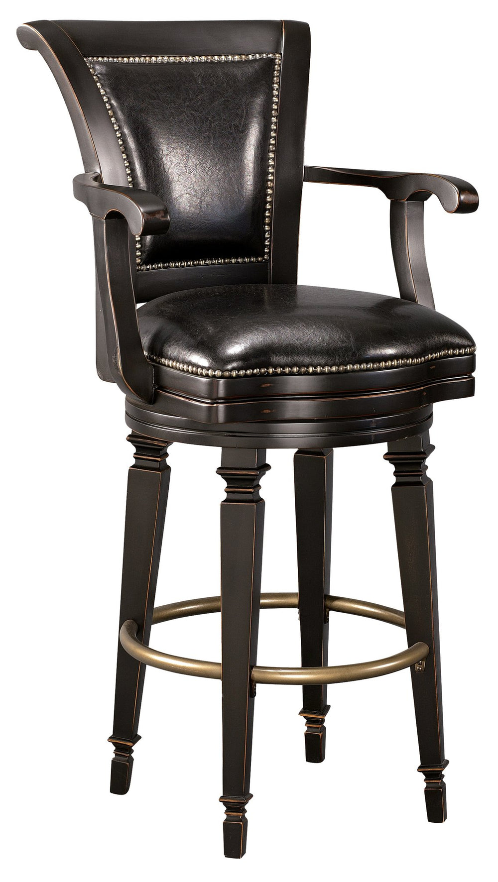 Hekman Furniture 697009 Rustic Burnished Black Barstool With Faux Leather Cushion & Antique Brass Footrest, 300 Lbs Capacity Worn Black (Brown Undertone) Northport Bar Stool 697009
