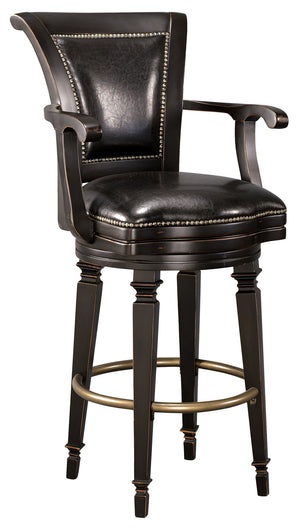 Hekman Furniture 697009 Rustic Burnished Black Barstool With Faux Leather Cushion & Antique Brass Footrest, 300 Lbs Capacity Worn Black (Brown Undertone) Northport Bar Stool 697009