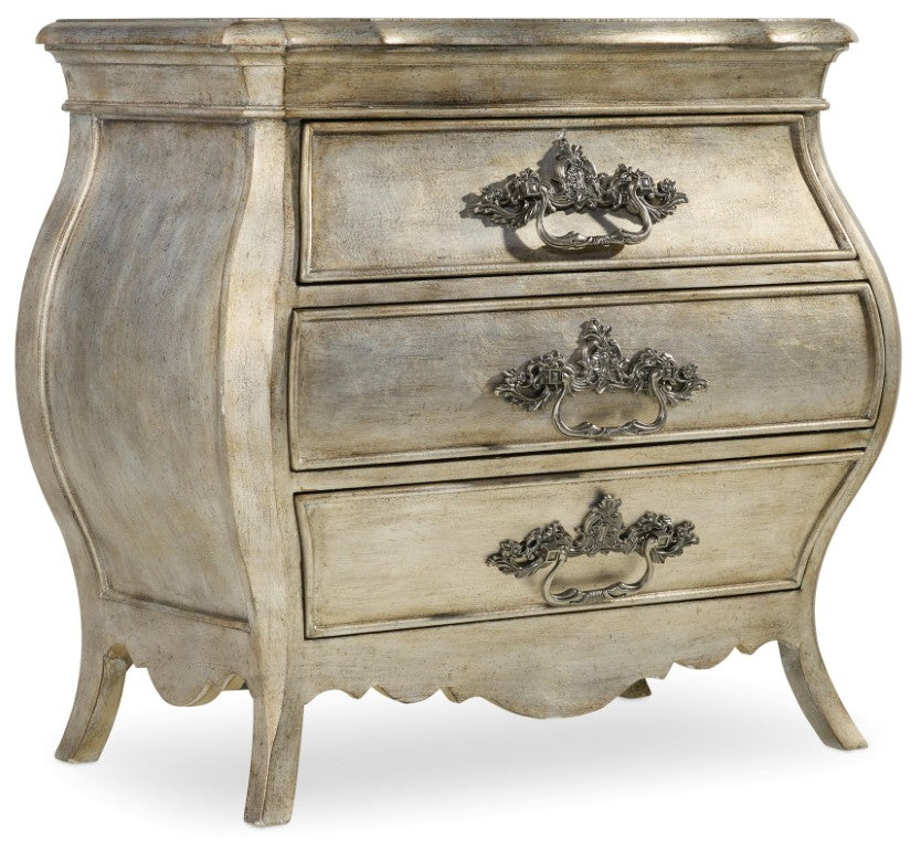 Hooker Furniture Sanctuary Silver Leaf Bombe Nightstand With 3 Drawers, Antique Hardware, Cord Clip & Power Supply 5413-90016