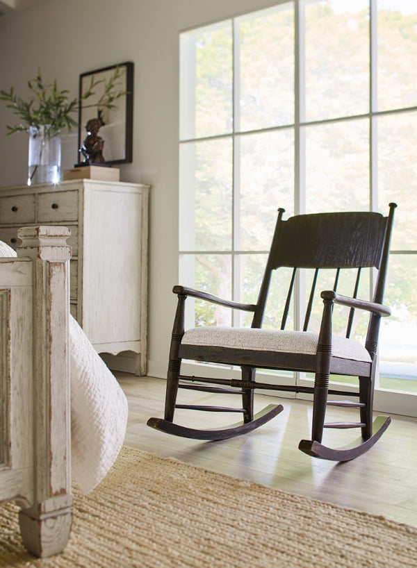 Hooker Furniture Americana Molasses Rocking Chair With Upholstered Seat, Carved Spindle Back, Smooth Motion For Cozy Rooms 7050-50002-89