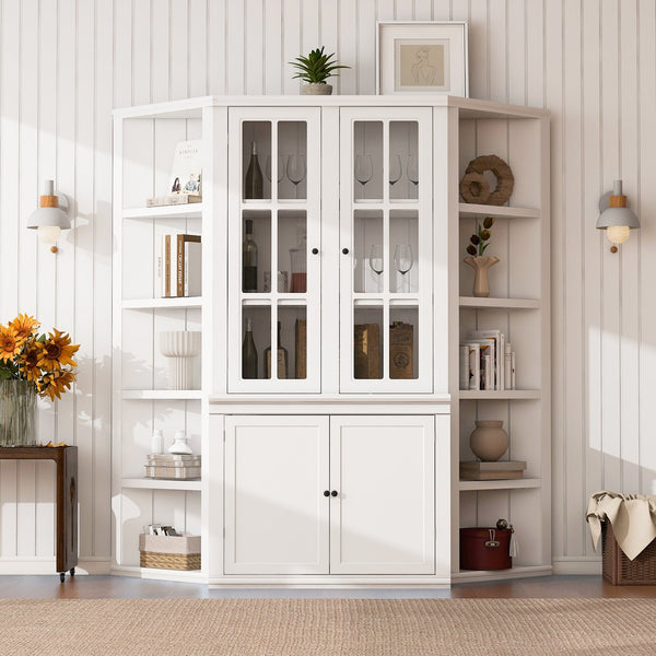 English Elm 75.25'' Retro-Modern Wall Suit with Glass Doors and Twin Triangle Bookshelves, White Display Cabinet Set SUIT01_N845P263124W