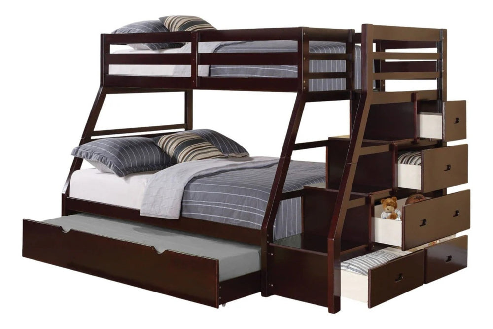 English Elm Transitional Twin Over Full Bunk Bed With Built-In Storage, Trundle, And Safety Features In Espresso B2741S00493-GIGA
