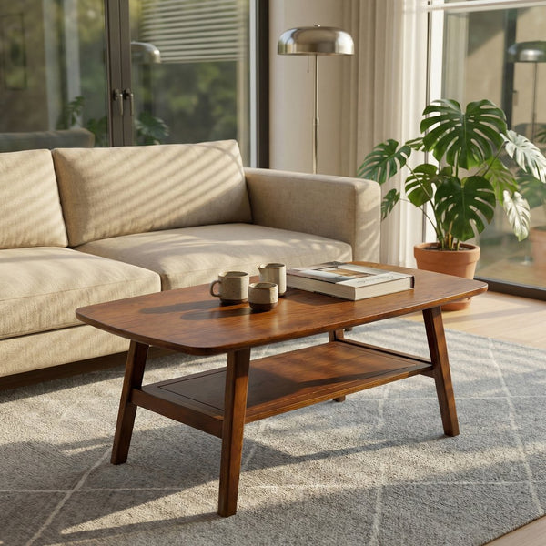 English Elm Mid Century Modern Solid Oak Two Tier Coffee Table with Open Shelf for Living Room Walnut W3204P469105