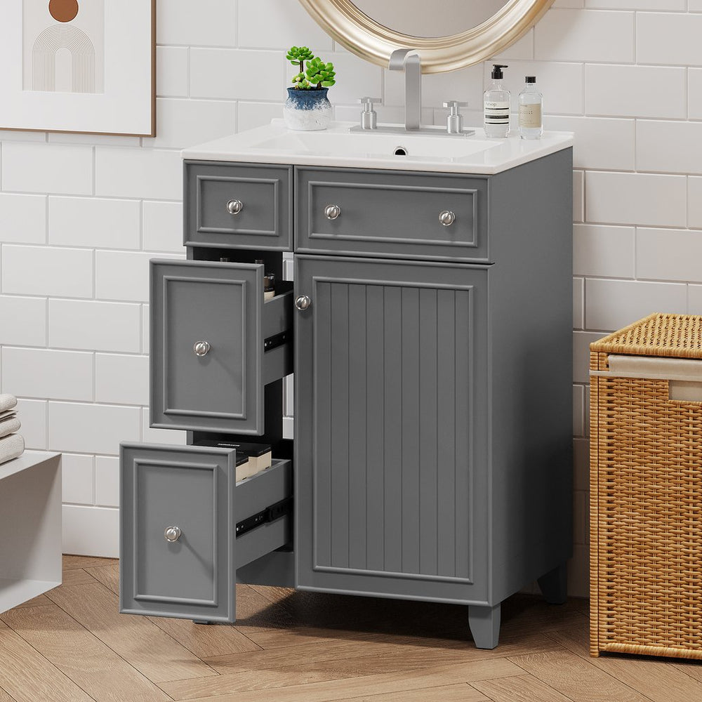 English Elm 24" Gray Bathroom Vanity Cabinet with Ceramic Sink, Soft-Close Door, 2 Drawers, Smart Storage, Durable Design N729P264336E