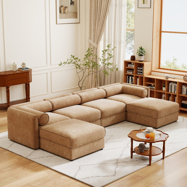 English Elm Modular U-Shaped Sectional Sofa With Storage Ottoman, Deep Seating & Ergonomic Support In Camel W714S01232