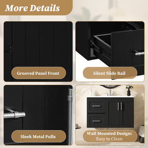 English Elm 36'' Wall Mounted Bathroom Vanity with Ceramic Sink, Solid Wood & MDF Floating Cabinet with Drawers Black N710P293299B