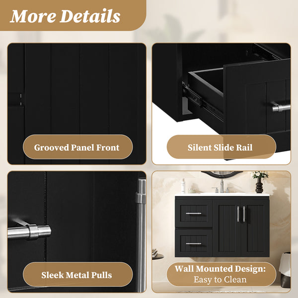 English Elm 36'' Wall Mounted Bathroom Vanity with Ceramic Sink, Solid Wood & MDF Floating Cabinet with Drawers Black N710P293299B