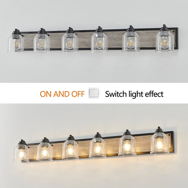 English Elm 49" Farmhouse Vanity Light Fixture - 6-Light Industrial Bathroom Sconce with Clear Seeded Glass Shades, Black Wood Finish W2312P374829