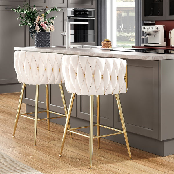 English Elm Counter Height Stools Set of 2 Mid-century Metal Legs Ergonomic Kitchen Island Seating Beige T3623P430893