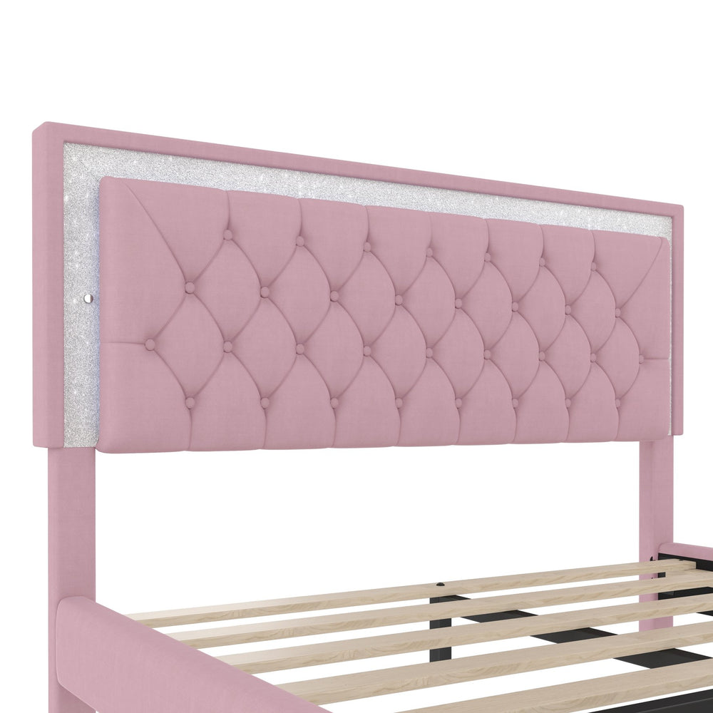 English Elm Queen Velvet Upholstered Bed Frame with LED Ambiance, Tufted Headboard, Sturdy Slat Support Pink 63.98 L x 23.23 W x 5.91 H N733P183657H