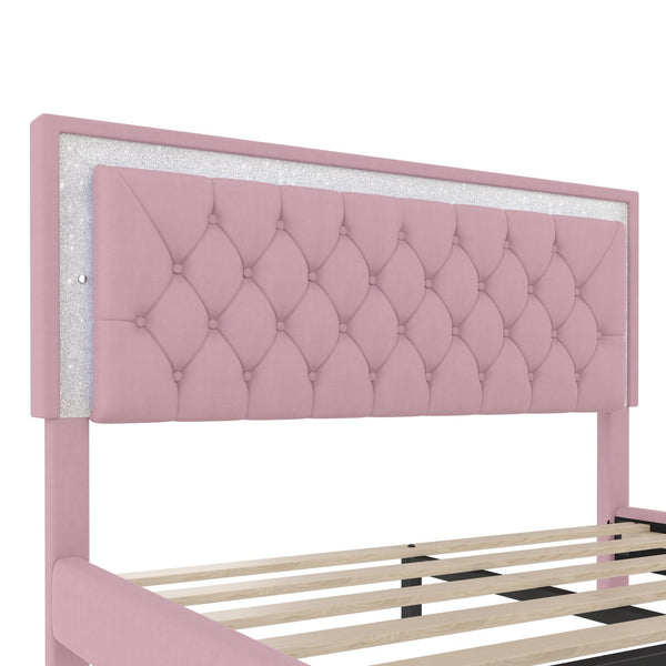 English Elm Queen Velvet Upholstered Bed Frame with LED Ambiance, Tufted Headboard, Sturdy Slat Support Pink 63.98 L x 23.23 W x 5.91 H N733P183657H