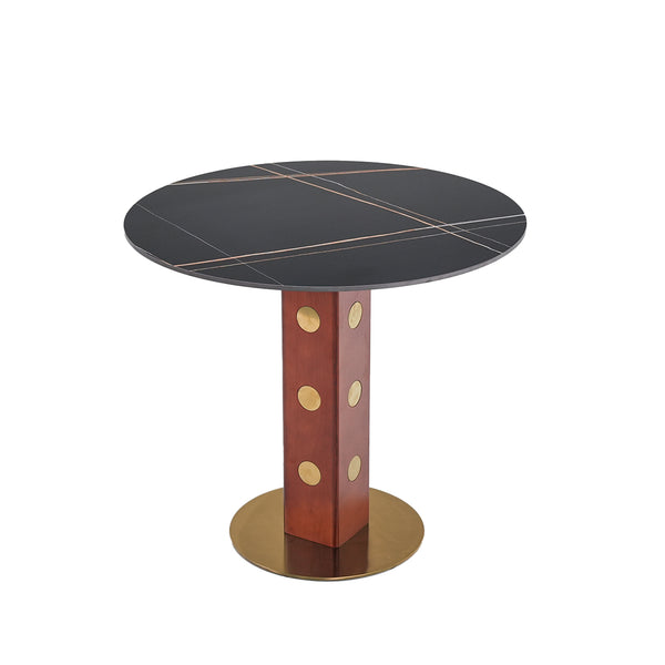 English Elm Modern Round Dining Table - 33.5" Sintered Stone Top, Wooden Legs & Gold Base, Perfect For Small Spaces W1535S00578