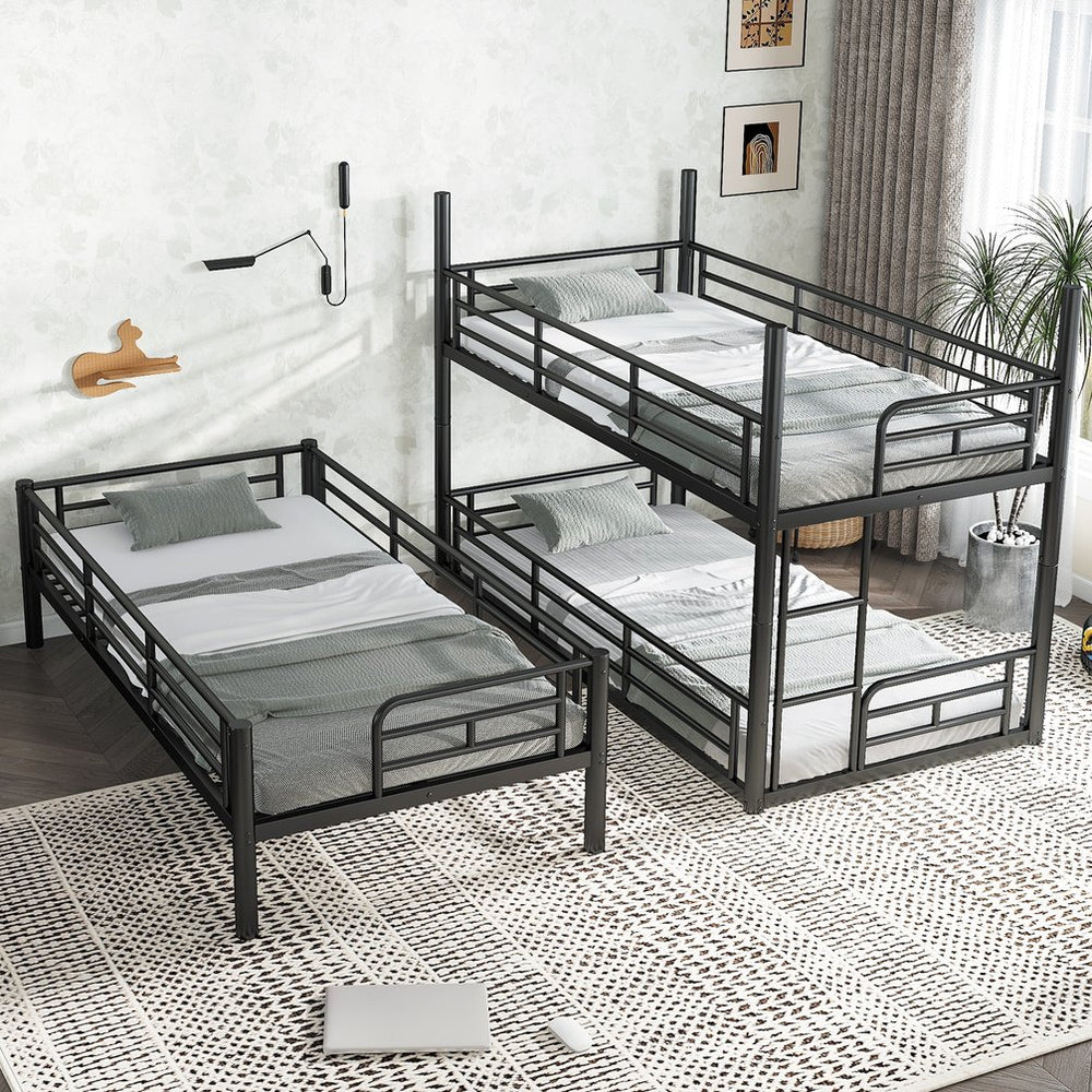 English Elm Twin Triple Metal Bunk Bed Matte Powder Coated Frame with Full Safety Guardrails Black W1580S00578