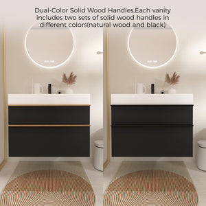 English Elm VELA 36 Inch Wall Mounted Bathroom Vanity with Integrated Acrylic Sink, Dual Wood Handles, Soft-Close Drawers, Matte Finish Black W3235P327618