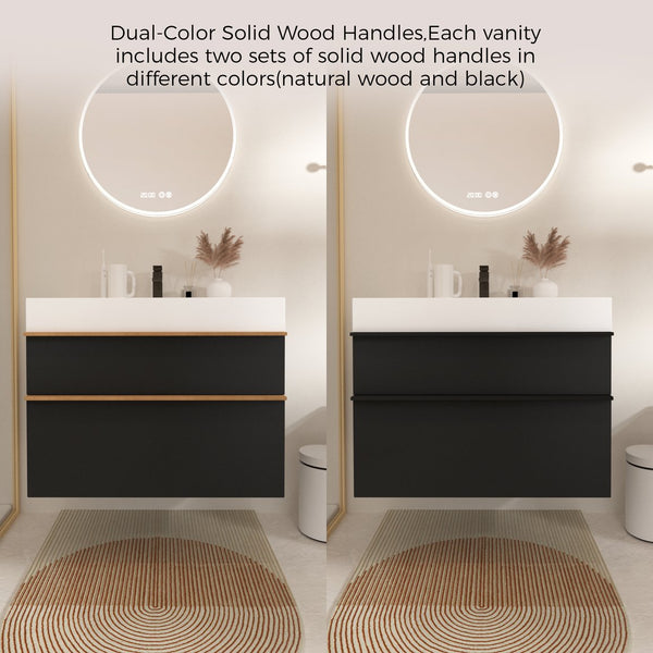 English Elm VELA 36 Inch Wall Mounted Bathroom Vanity with Integrated Acrylic Sink, Dual Wood Handles, Soft-Close Drawers, Matte Finish Black W3235P327618