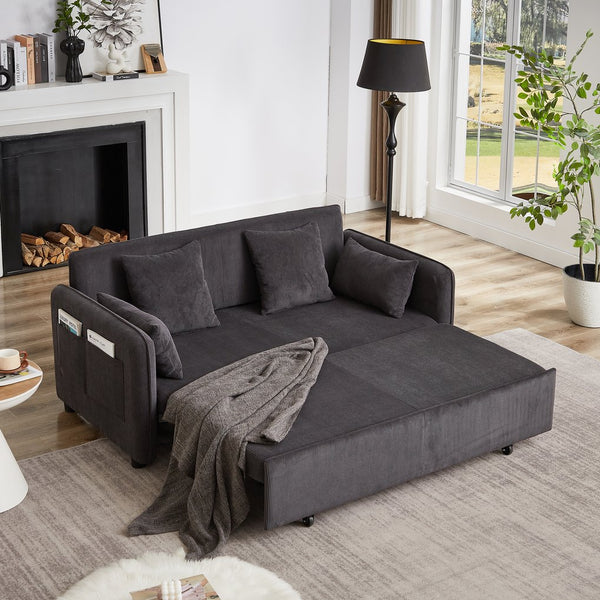 English Elm FX'' 66 Inch Sleeper Sofa Bed 3-in-1 Convertible Pullout Sofa with Plush Corduroy, 4 Pillows, Pockets DARK GREY W1926S00060