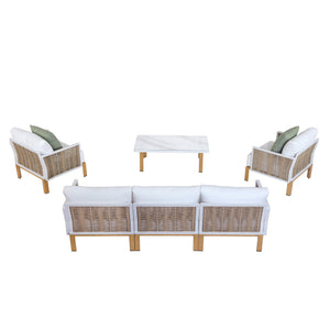 English Elm Vine 4-Piece Conversation Set Cream — Waterproof Aluminum & UV-Resistant Cushions, Marble Table Elegance B365S00106
