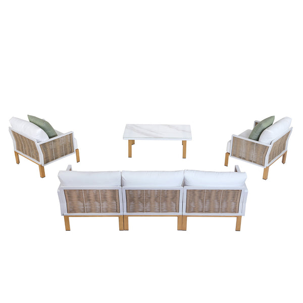 English Elm Vine 4-Piece Conversation Set Cream — Waterproof Aluminum & UV-Resistant Cushions, Marble Table Elegance B365S00106