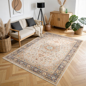 English Elm Premier Traditional Medallion Low Pile Area Rug Ivory Tone for Living Dining Rooms B186P479371