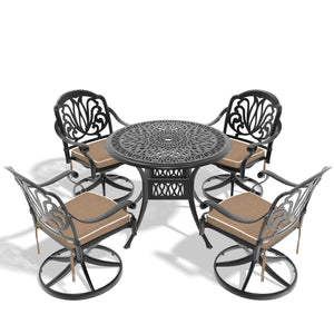 English Elm 5-Piece All-Weather Cast Aluminum Dining Set With Swivel Chairs & Umbrella-Ready Round Table W1710S00263