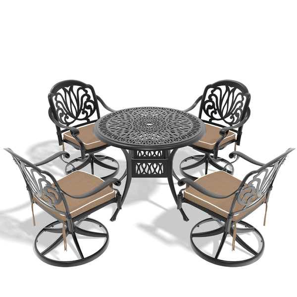 English Elm 5-Piece All-Weather Cast Aluminum Dining Set With Swivel Chairs & Umbrella-Ready Round Table W1710S00263