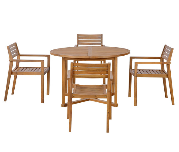 English Elm U_style Solid Acacia Wood Round Outdoor Dining Set Seats Four with Slatted Design Natural WY000475AAO